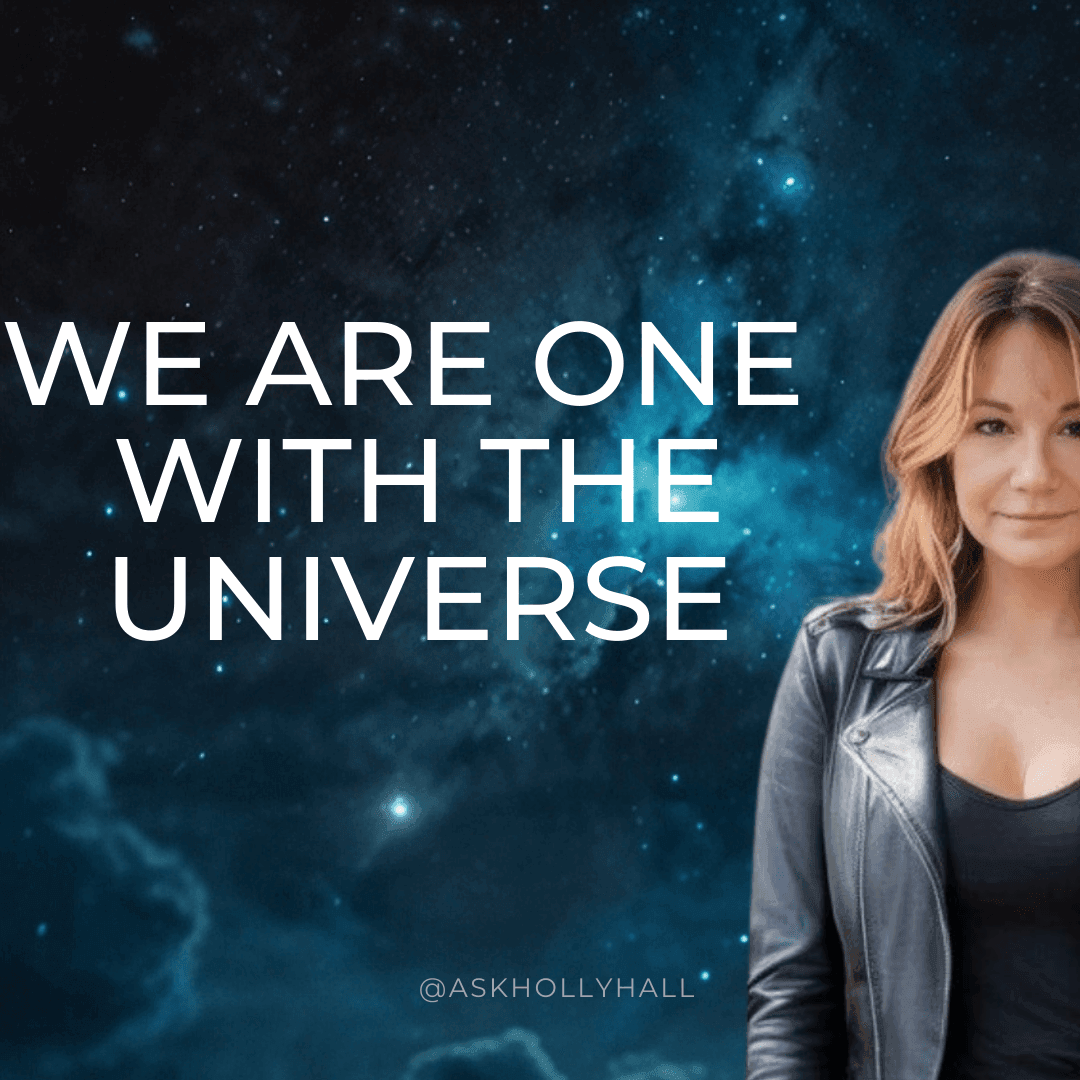 Woman in a leather jacket with cosmic background and text 'We are one with the universe'.